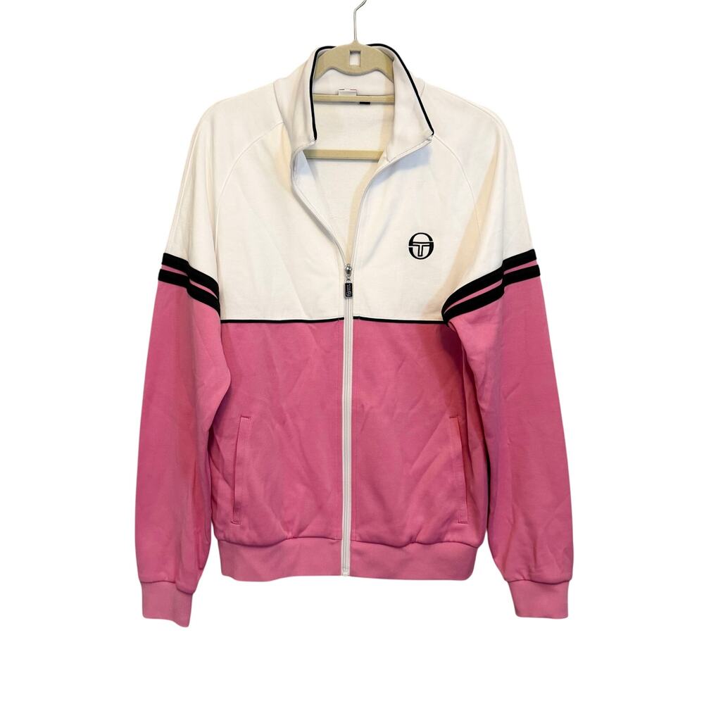 Sergio Tacchini Womens Track Jacket L Pink White Sporty Y2K Streetwear Outdoor